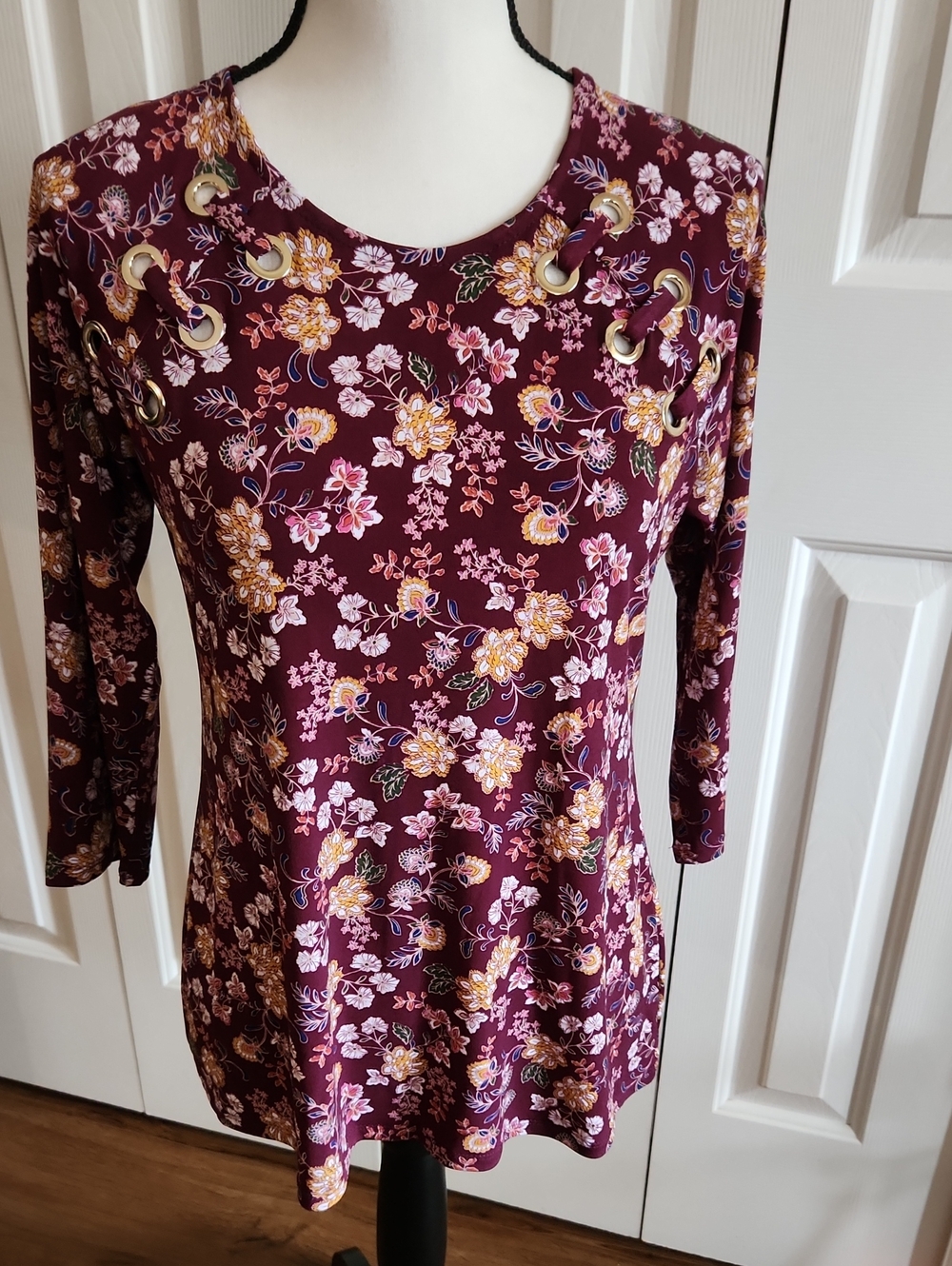 Chaus Burgundy Floral Lace-Up Tunic Top